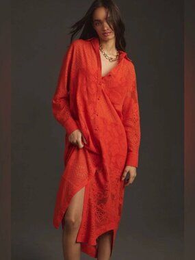 Maeve Soren Long-sleeve Collared Lace Midi Shirt Dress